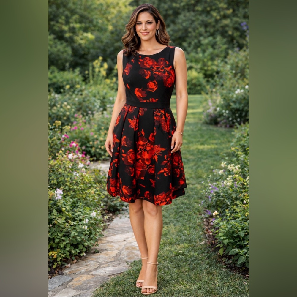 Taylor Dress 10 Ruby Red Black Gold A Line Roses Sleeveless Career Church